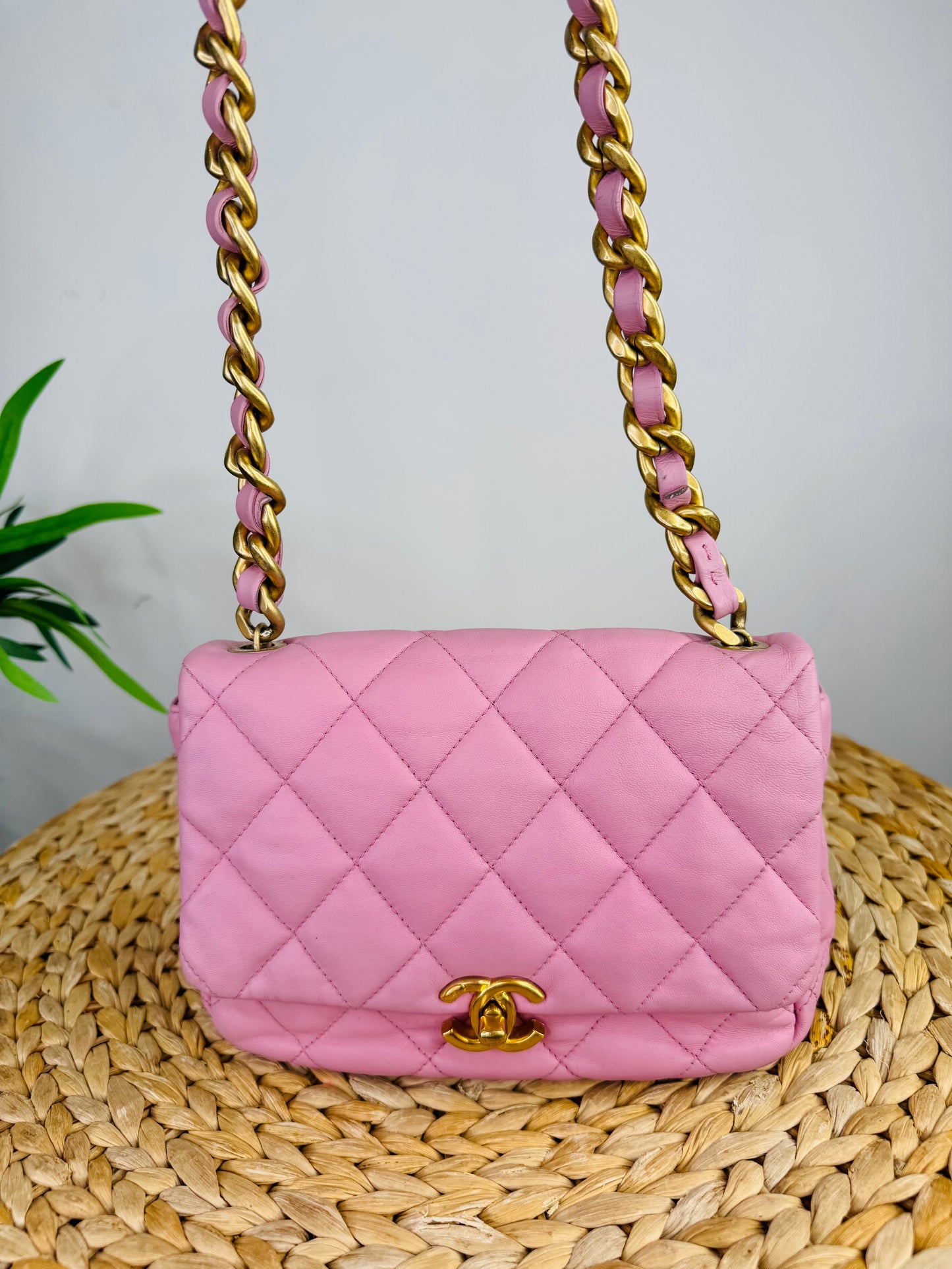 Quilted Leather Lacquered Chain Flap Bag