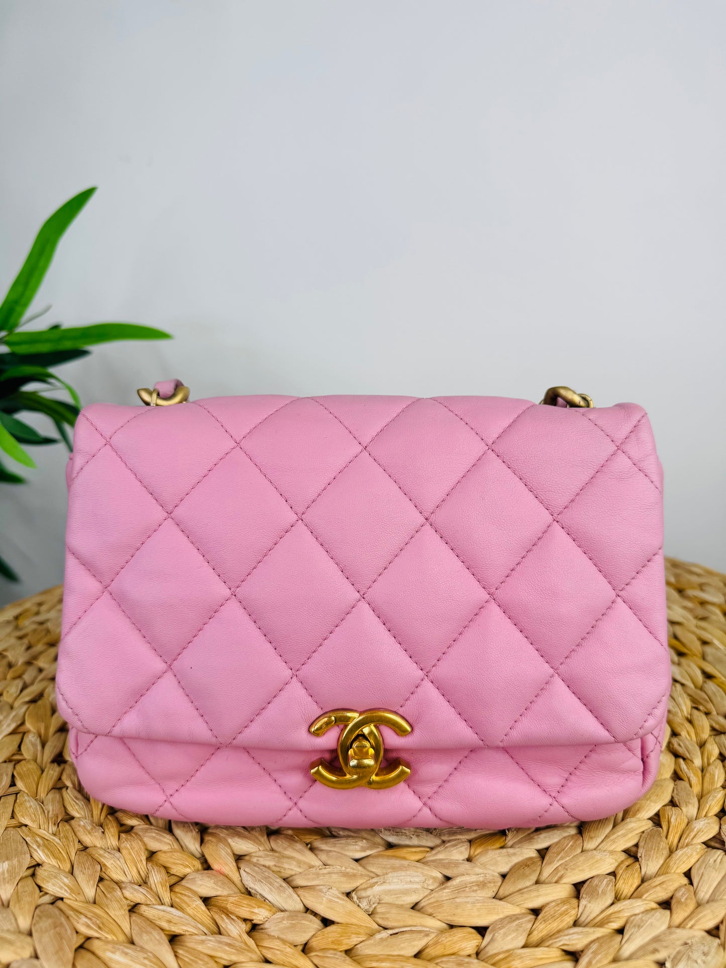 Quilted Leather Lacquered Chain Flap Bag