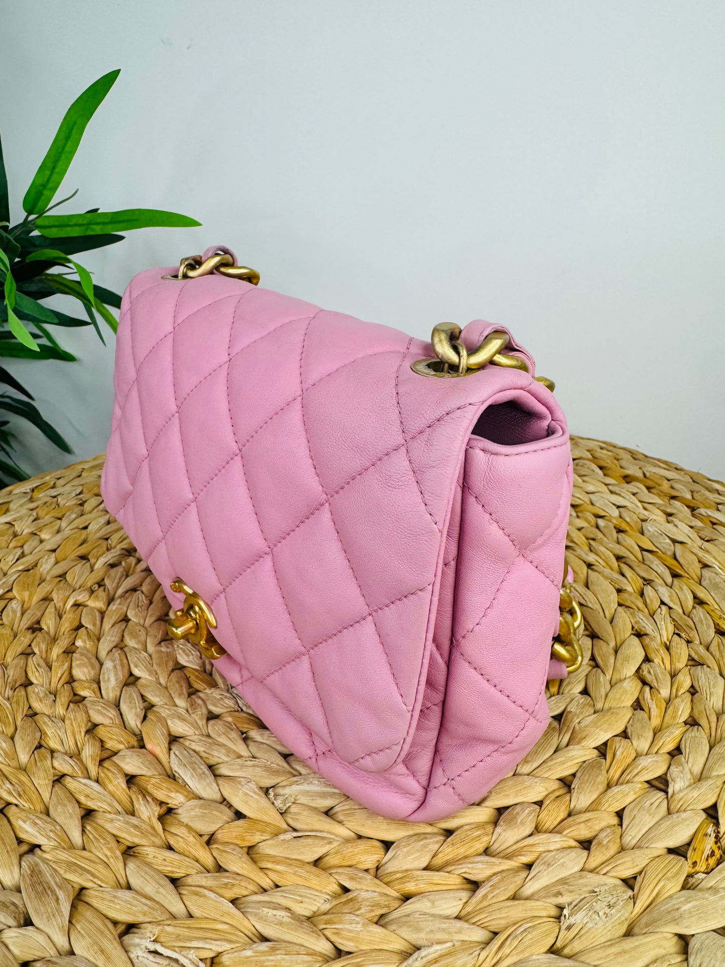 Quilted Leather Lacquered Chain Flap Bag