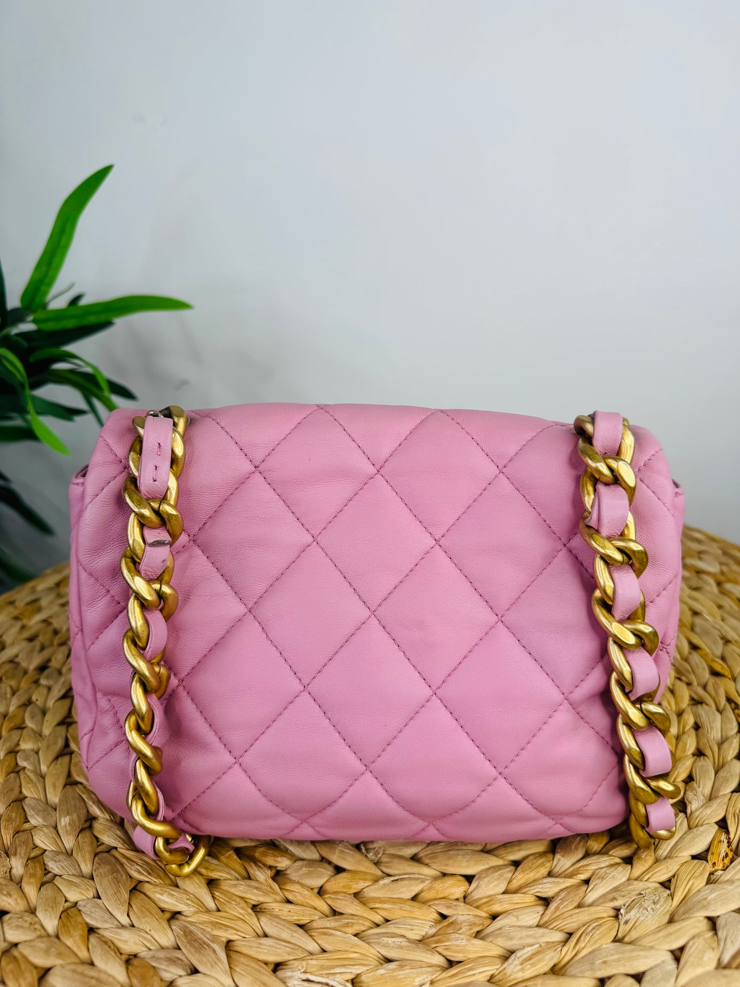 Quilted Leather Lacquered Chain Flap Bag