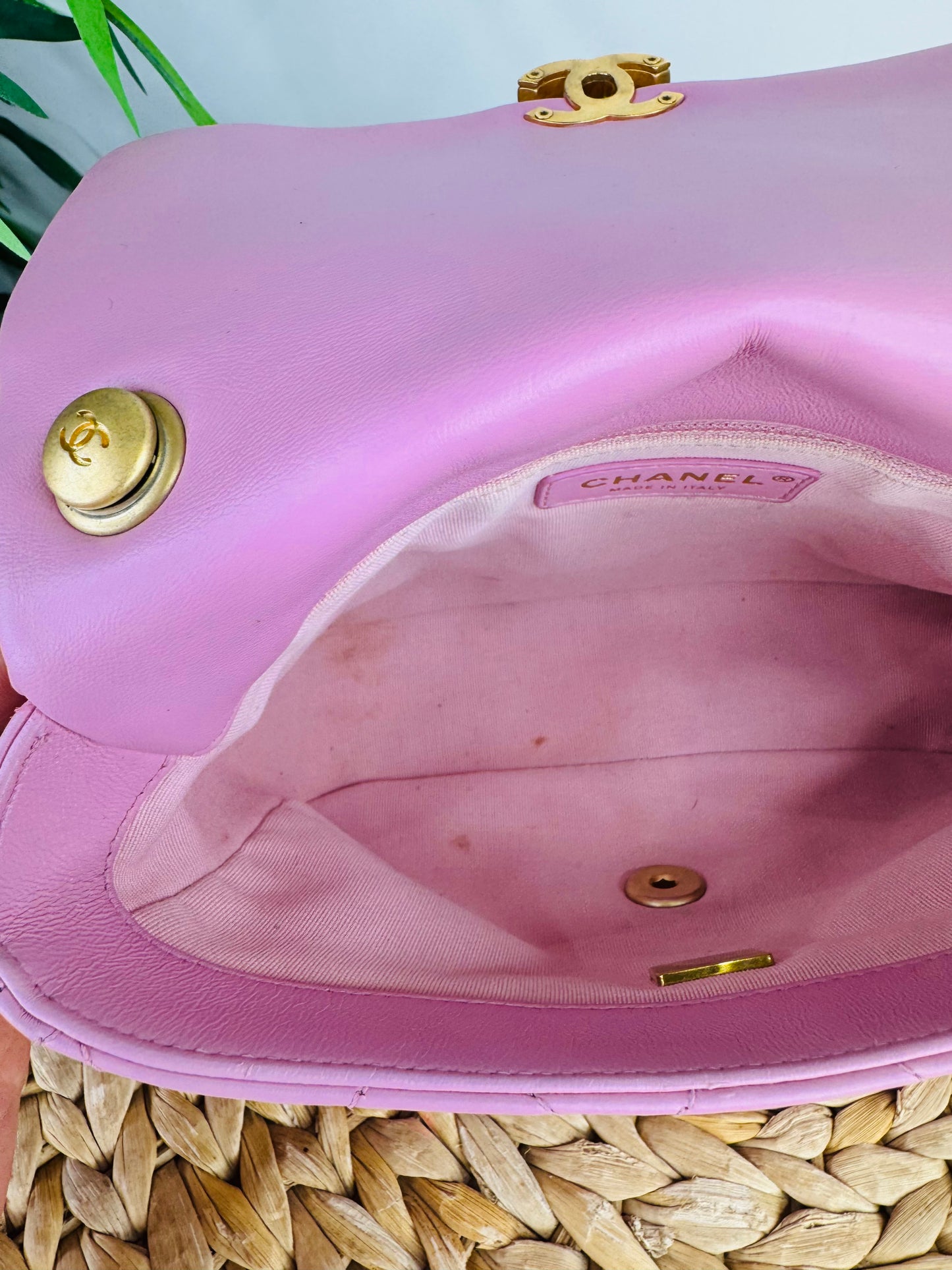 Quilted Leather Lacquered Chain Flap Bag