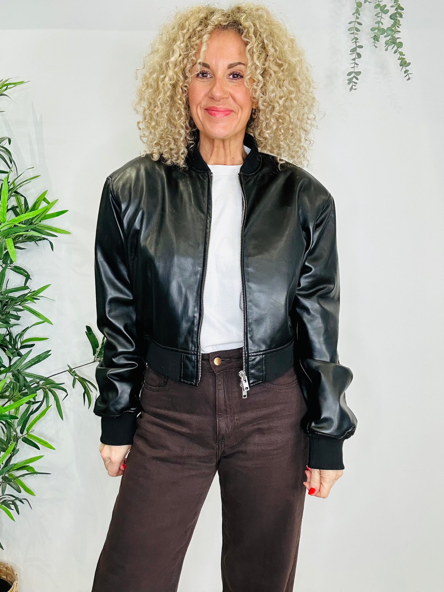 Faux Leather Bomber Jacket - Size S