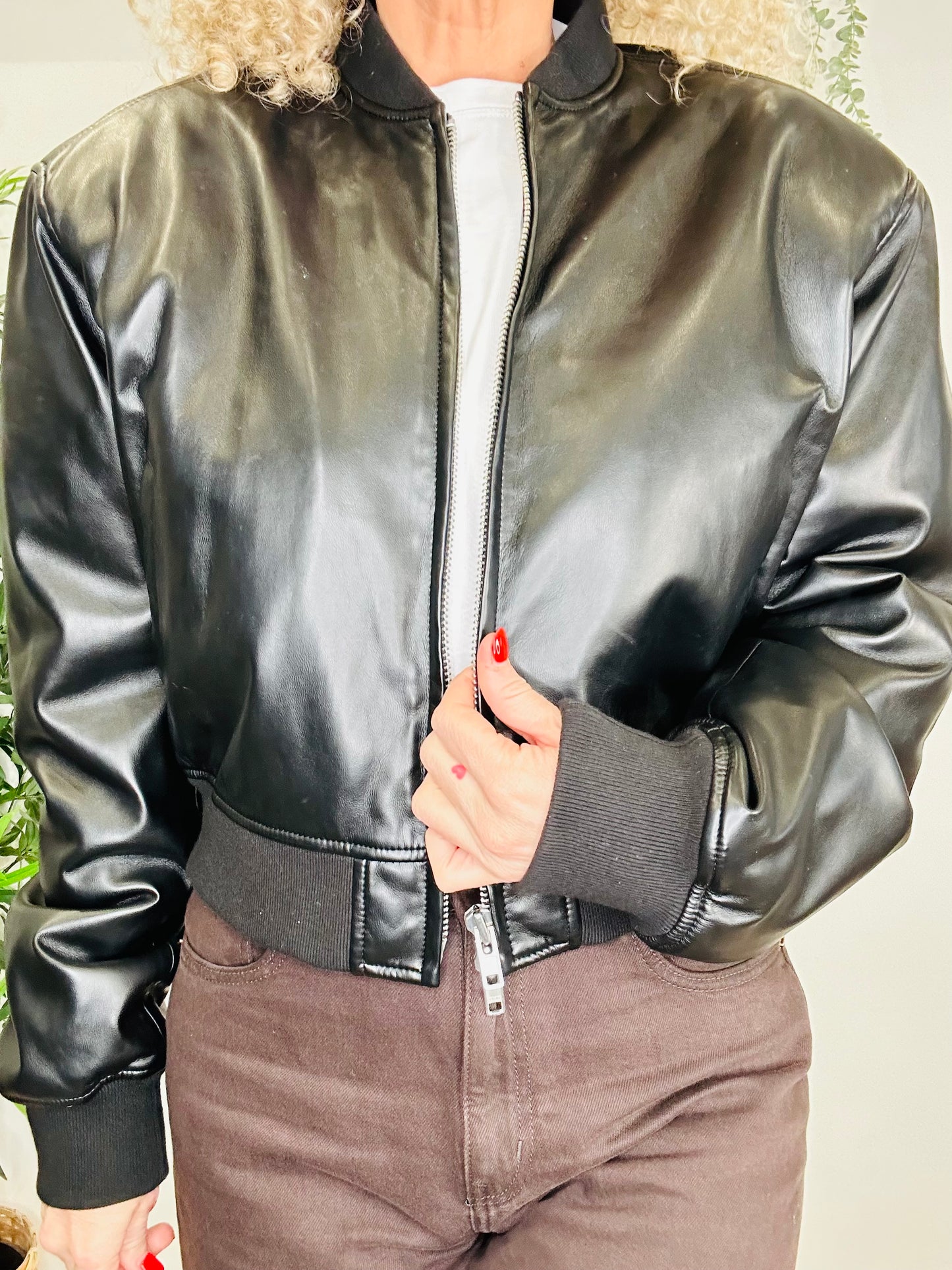 Faux Leather Bomber Jacket - Size S
