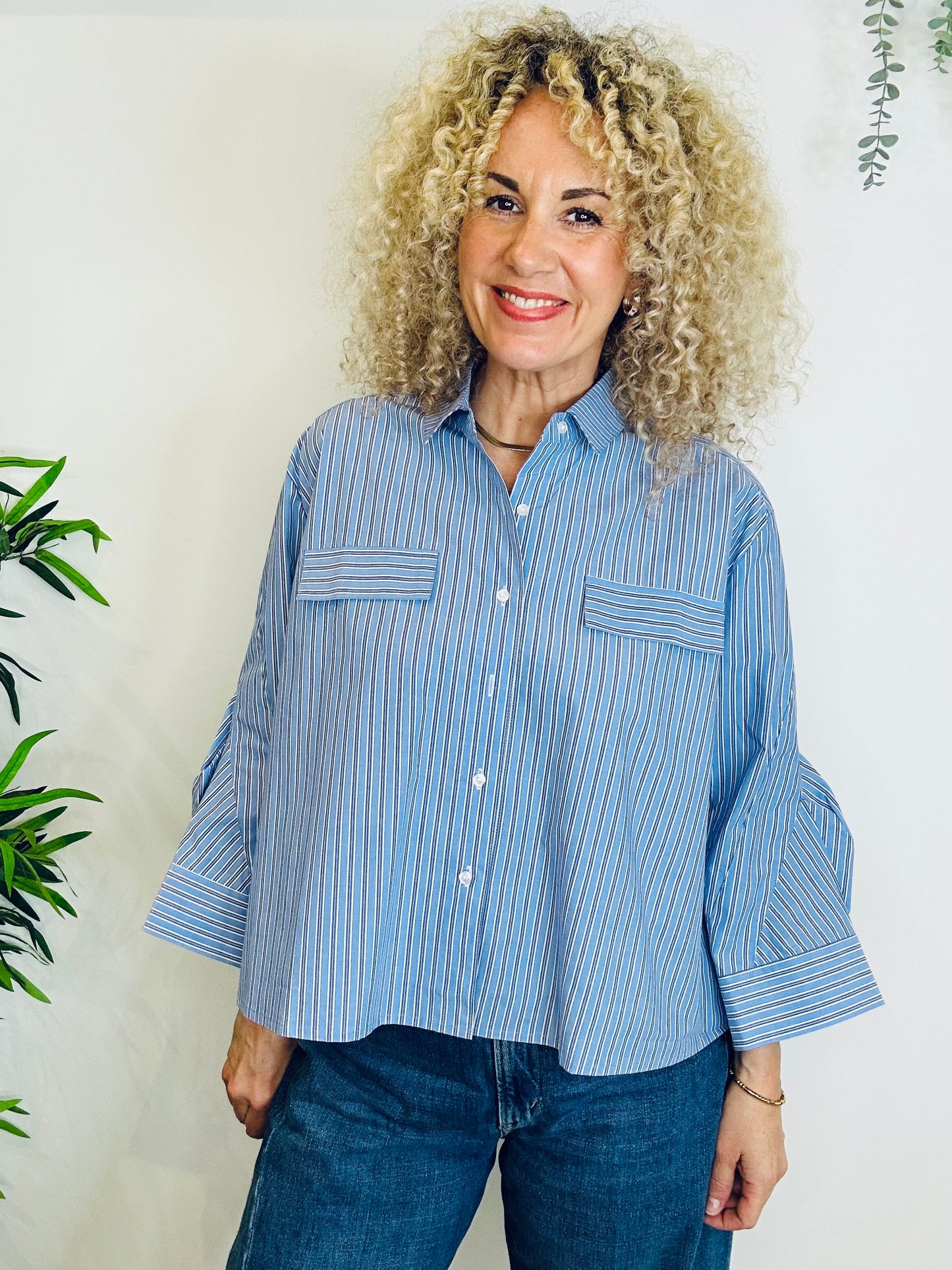 Striped Pintuck Sleeve Shirt - Size S/M