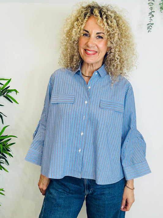 Striped Pintuck Sleeve Shirt - Size S/M