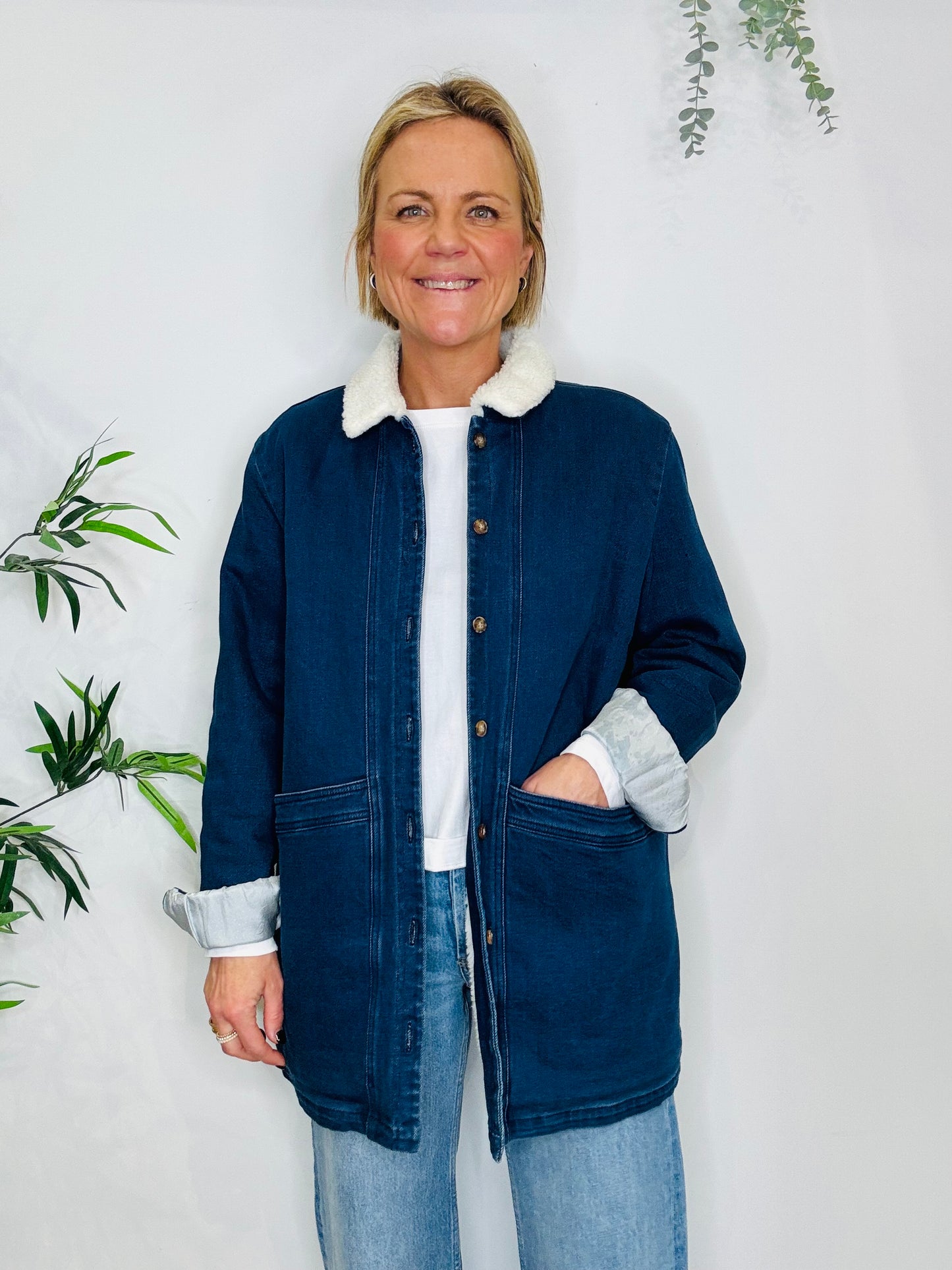 Faux Shearling Lined Denim Jacket - Size 14