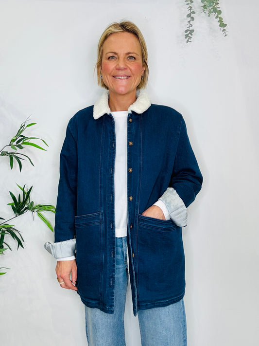 Faux Shearling Lined Denim Jacket - Size 14