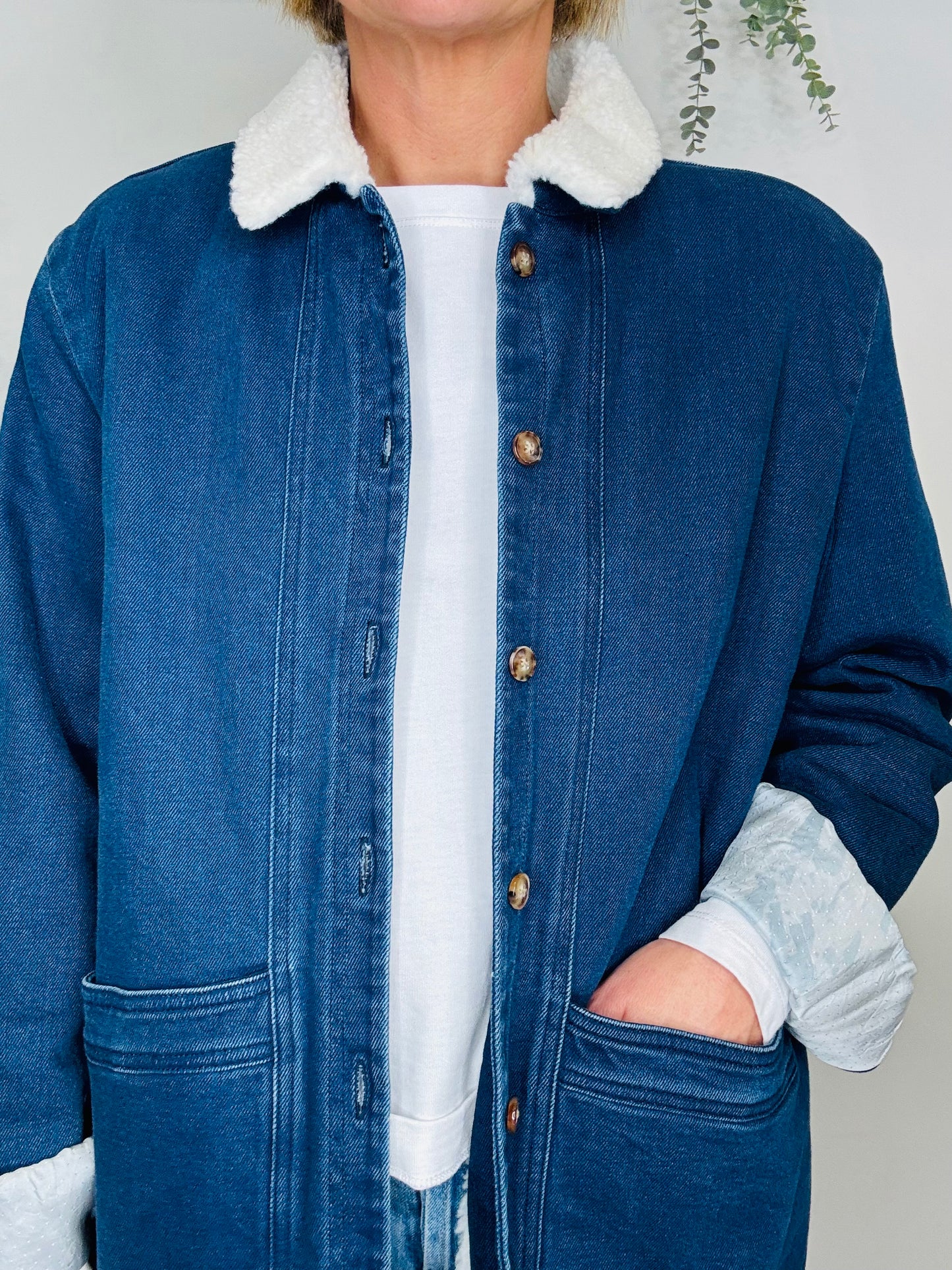 Faux Shearling Lined Denim Jacket - Size 14