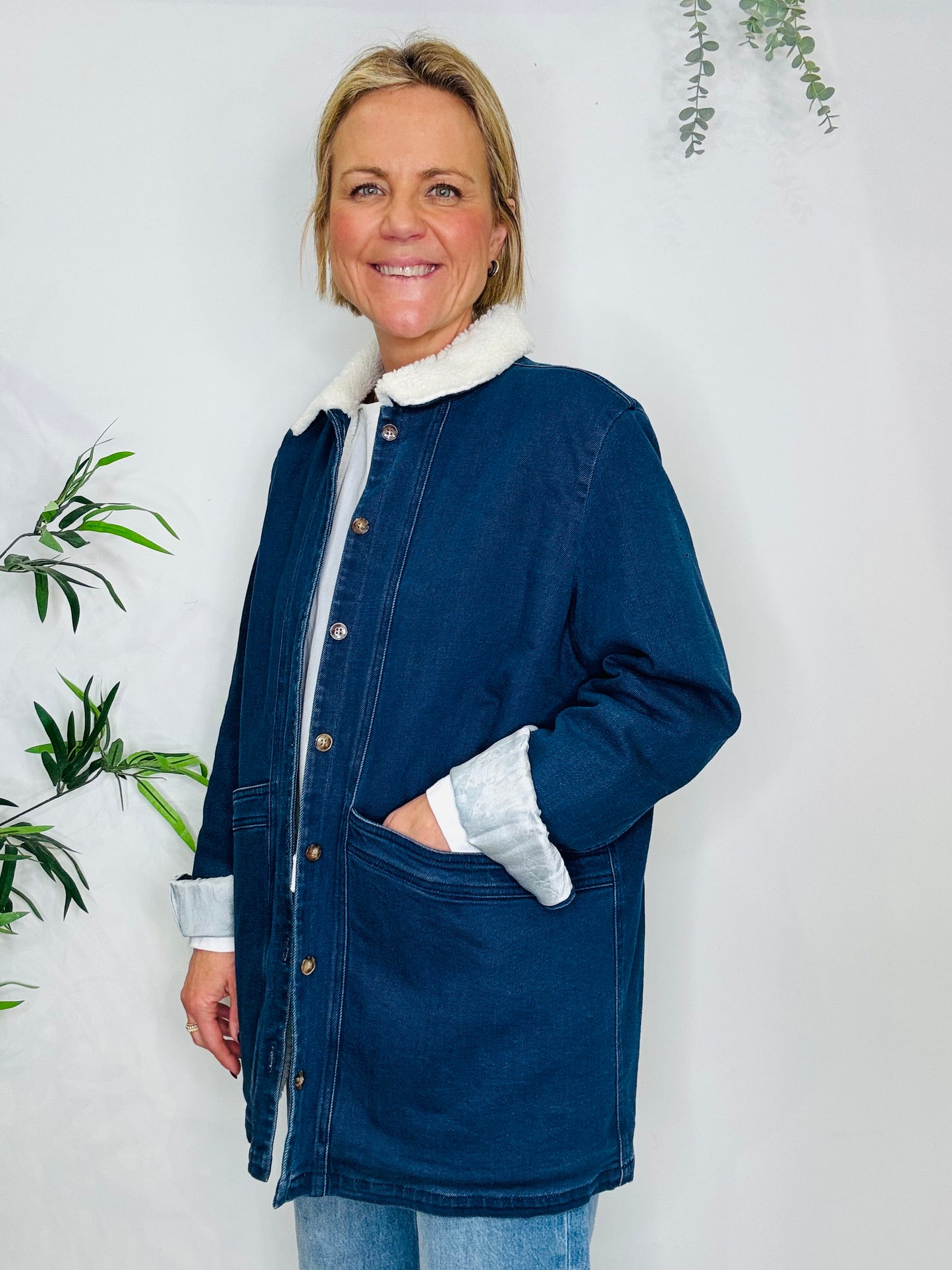 Faux Shearling Lined Denim Jacket - Size 14