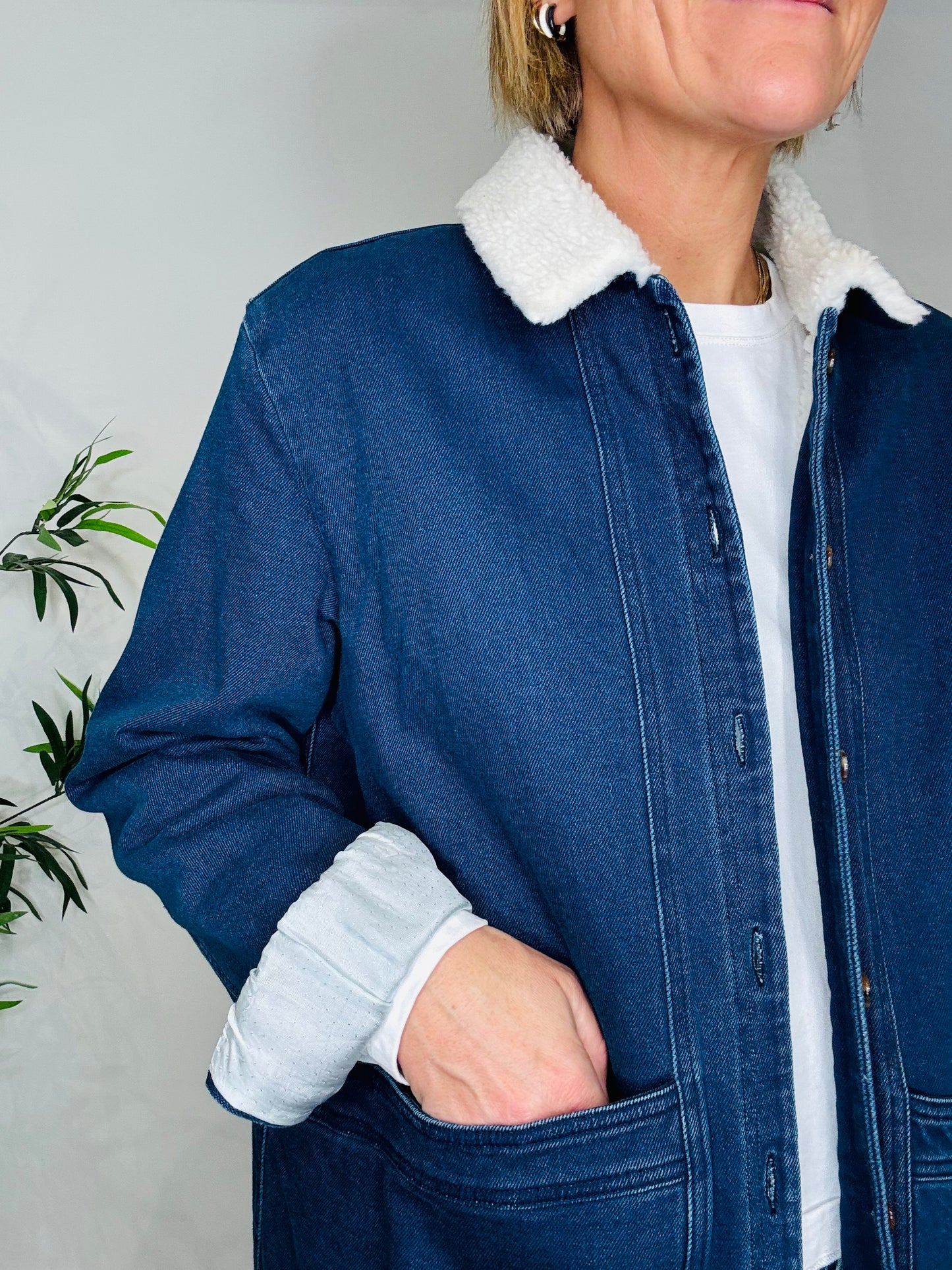 Faux Shearling Lined Denim Jacket - Size 14