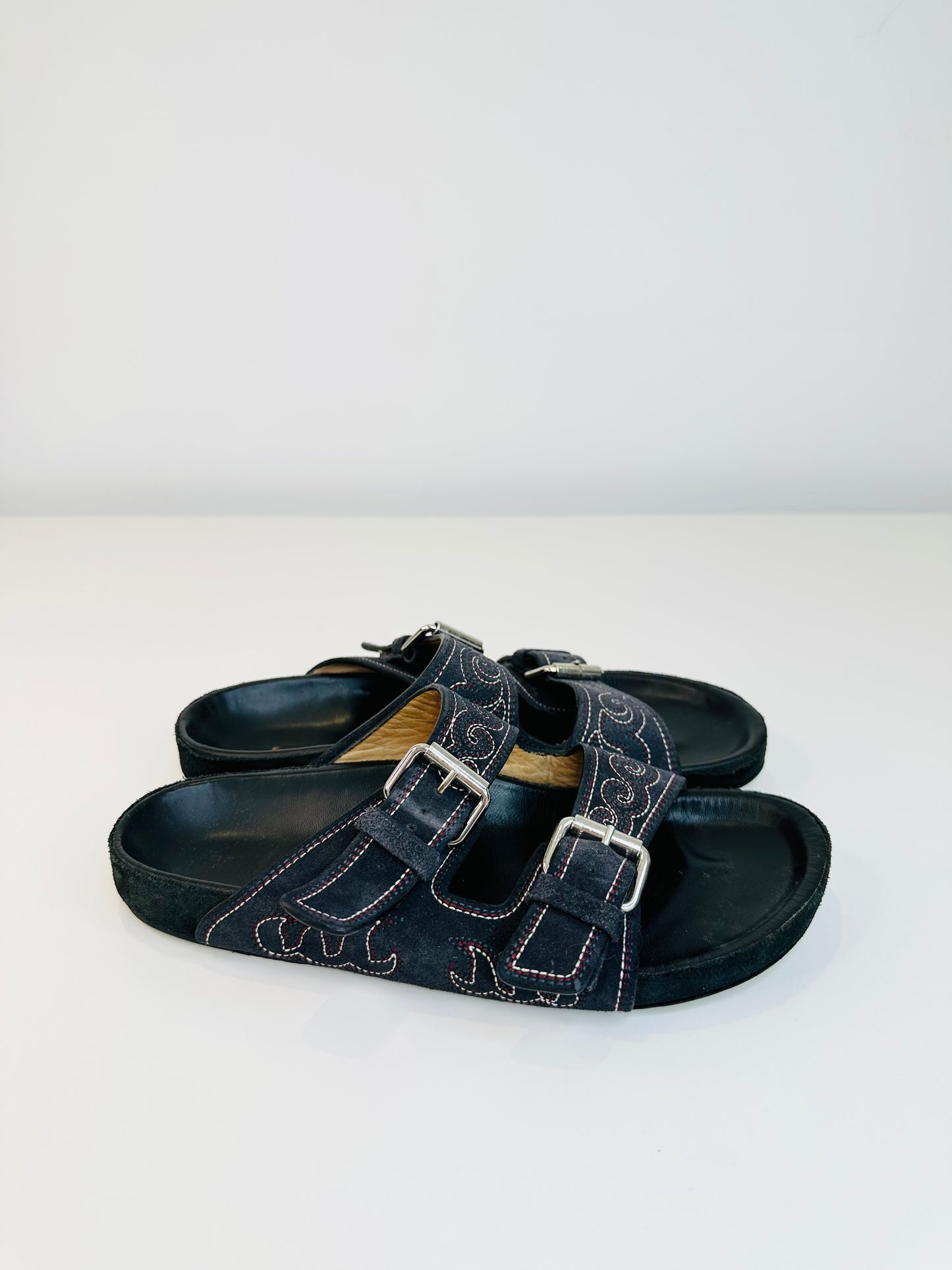 Embroidered Suede Slides - Size 38