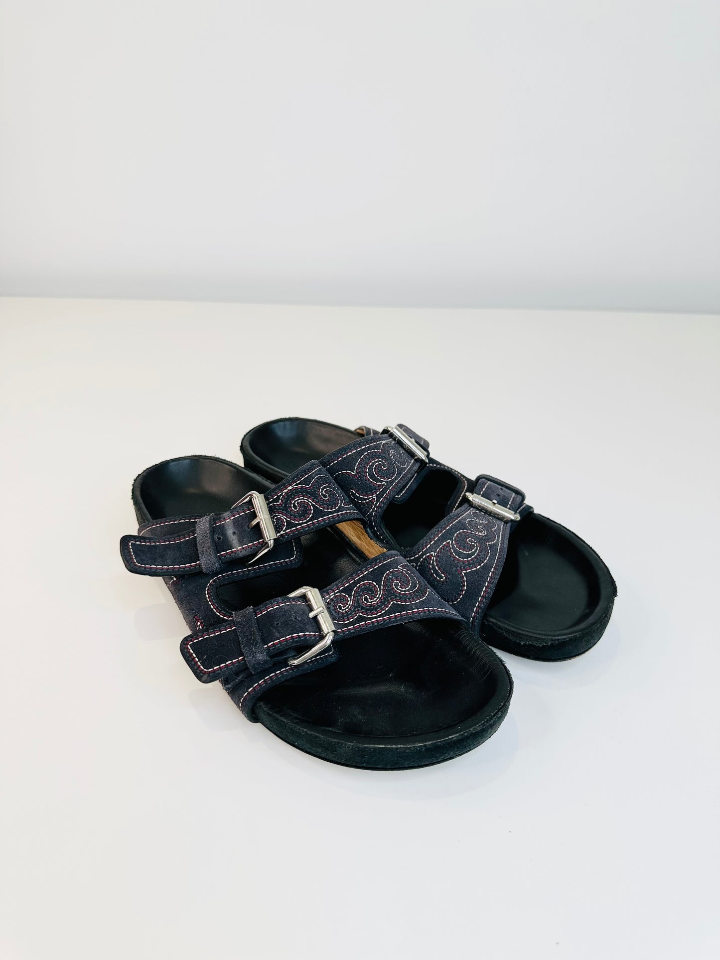Embroidered Suede Slides - Size 38