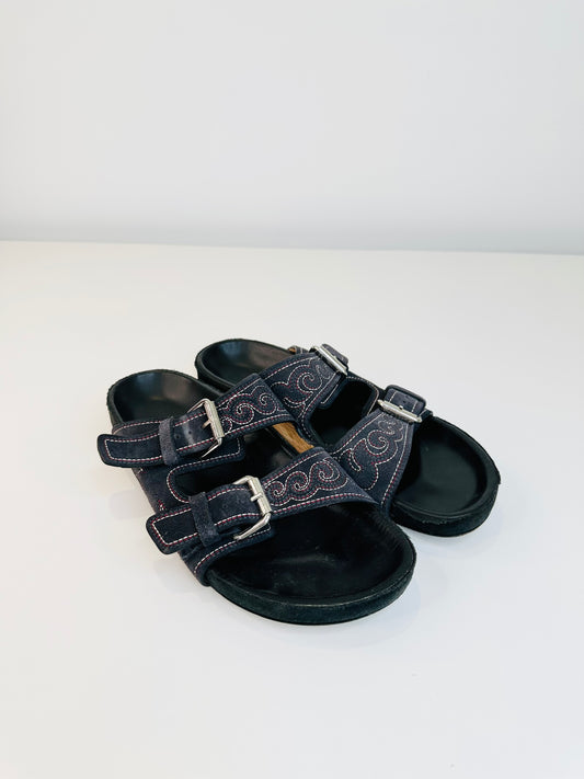 Embroidered Suede Slides - Size 38