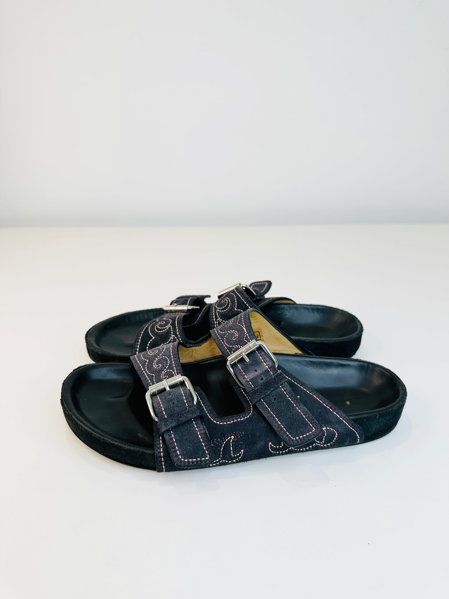Embroidered Suede Slides - Size 38