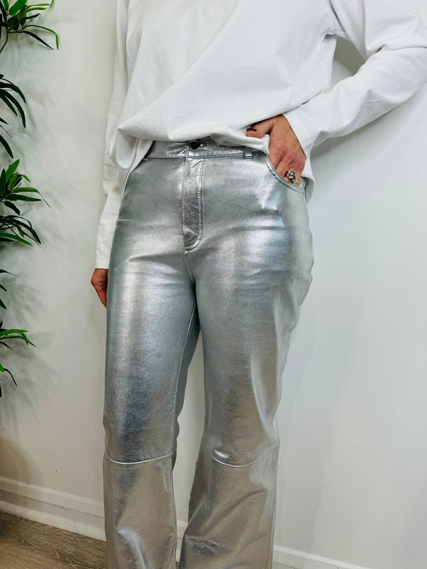 Silver Leather Trousers - Size 40