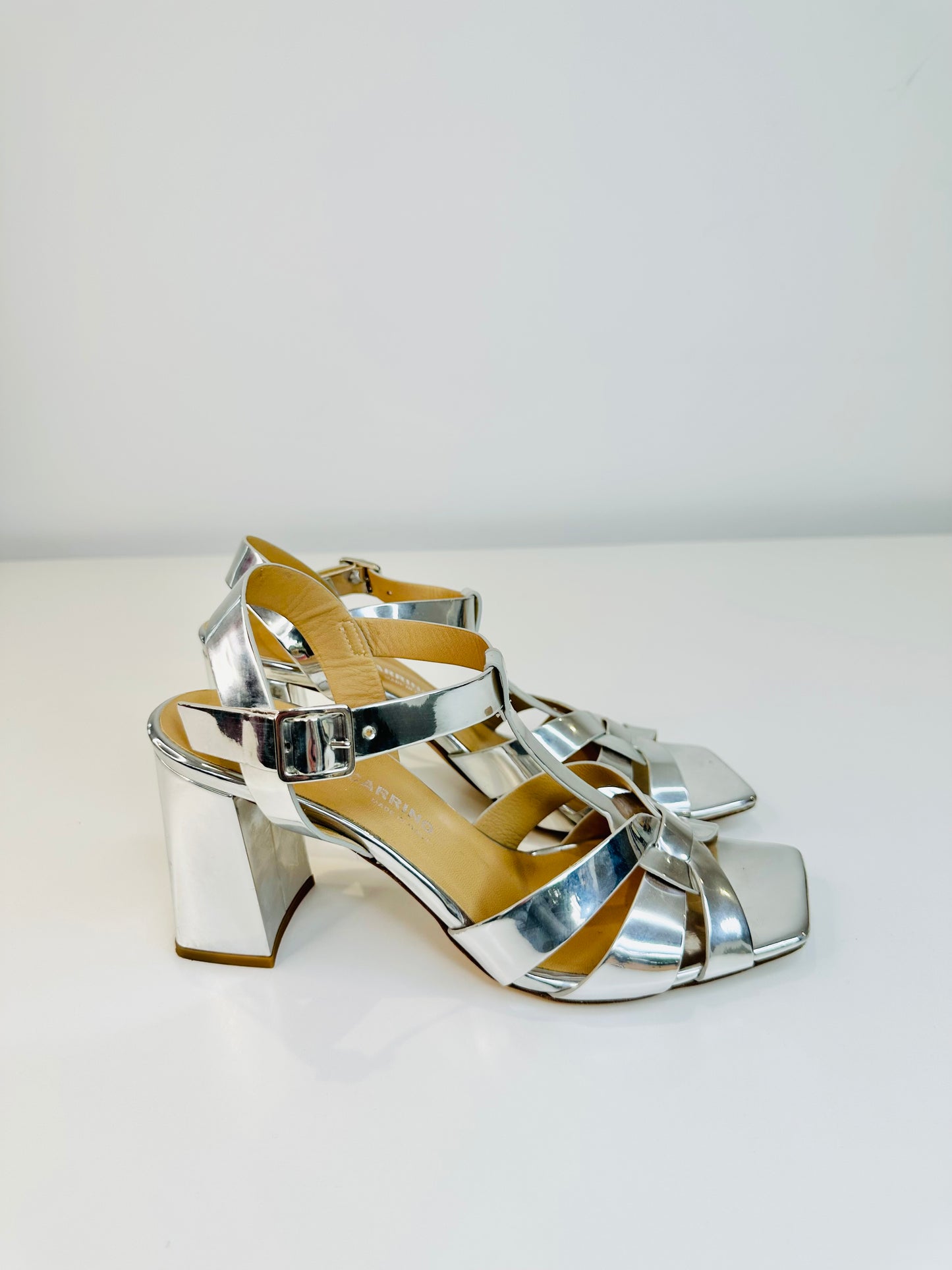 Metallic Leather Block Heel Sandals - Size 40