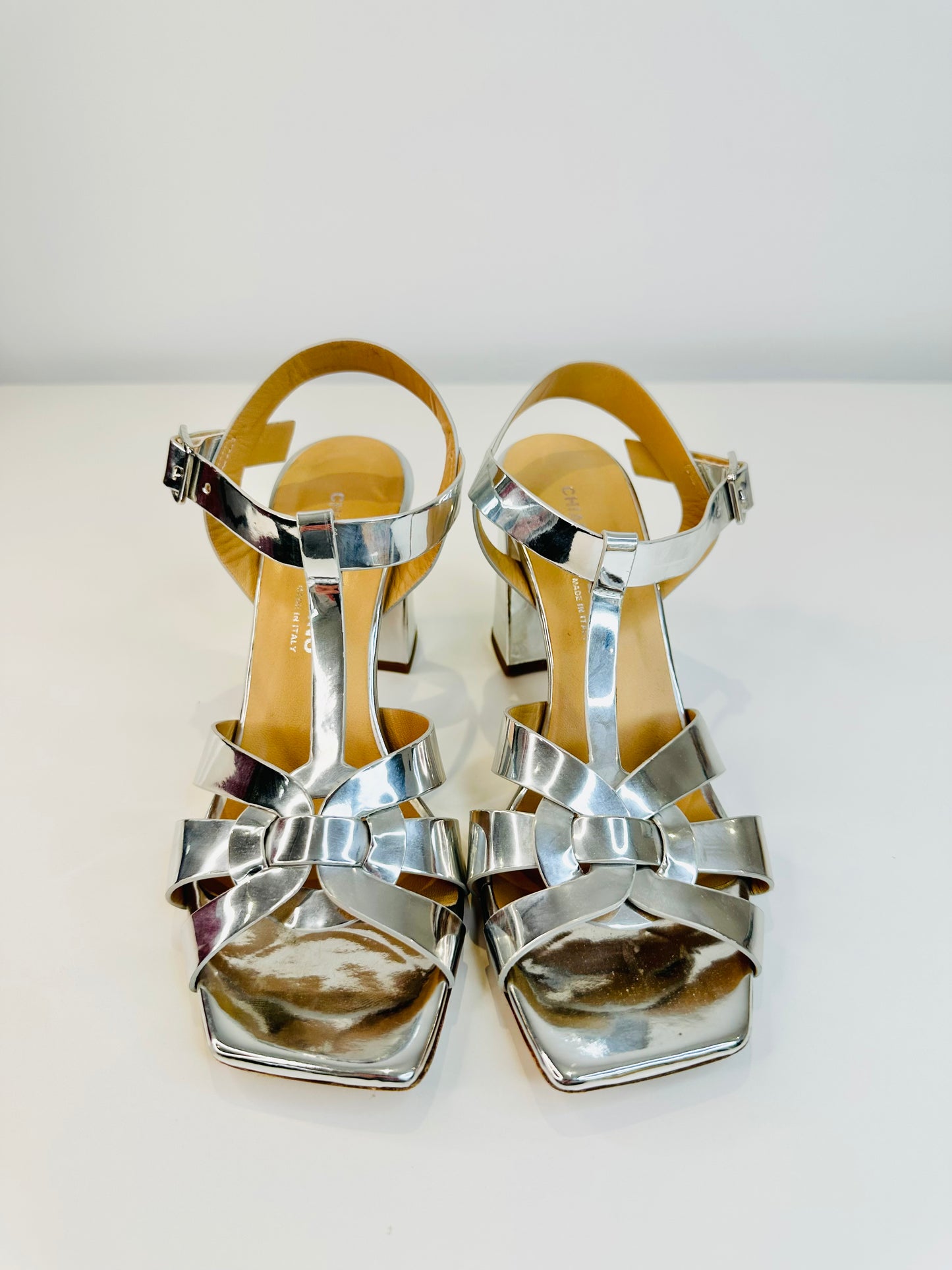 Metallic Leather Block Heel Sandals - Size 40