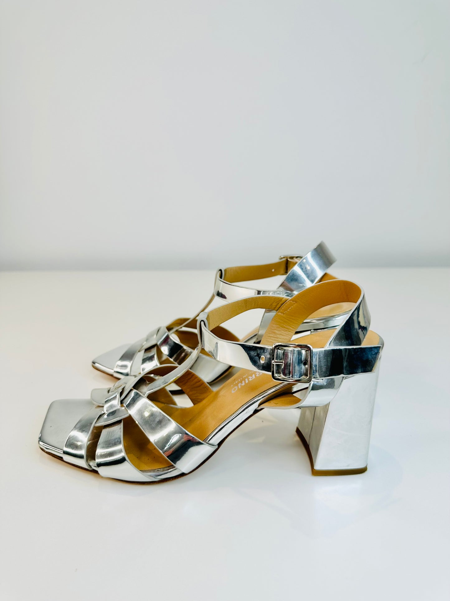 Metallic Leather Block Heel Sandals - Size 40