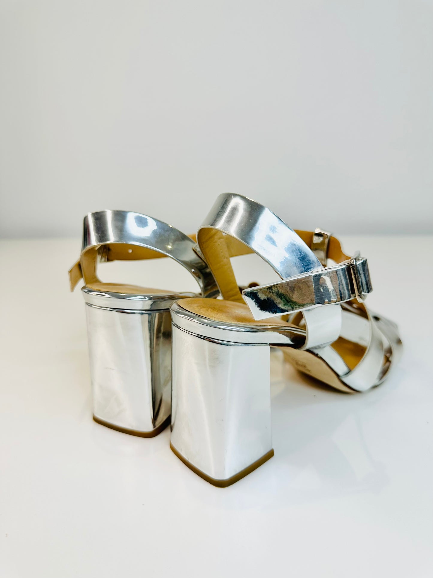 Metallic Leather Block Heel Sandals - Size 40