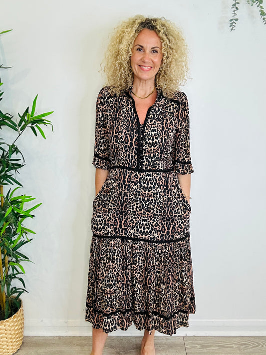 Leopard Print Midi Dress - Size 4