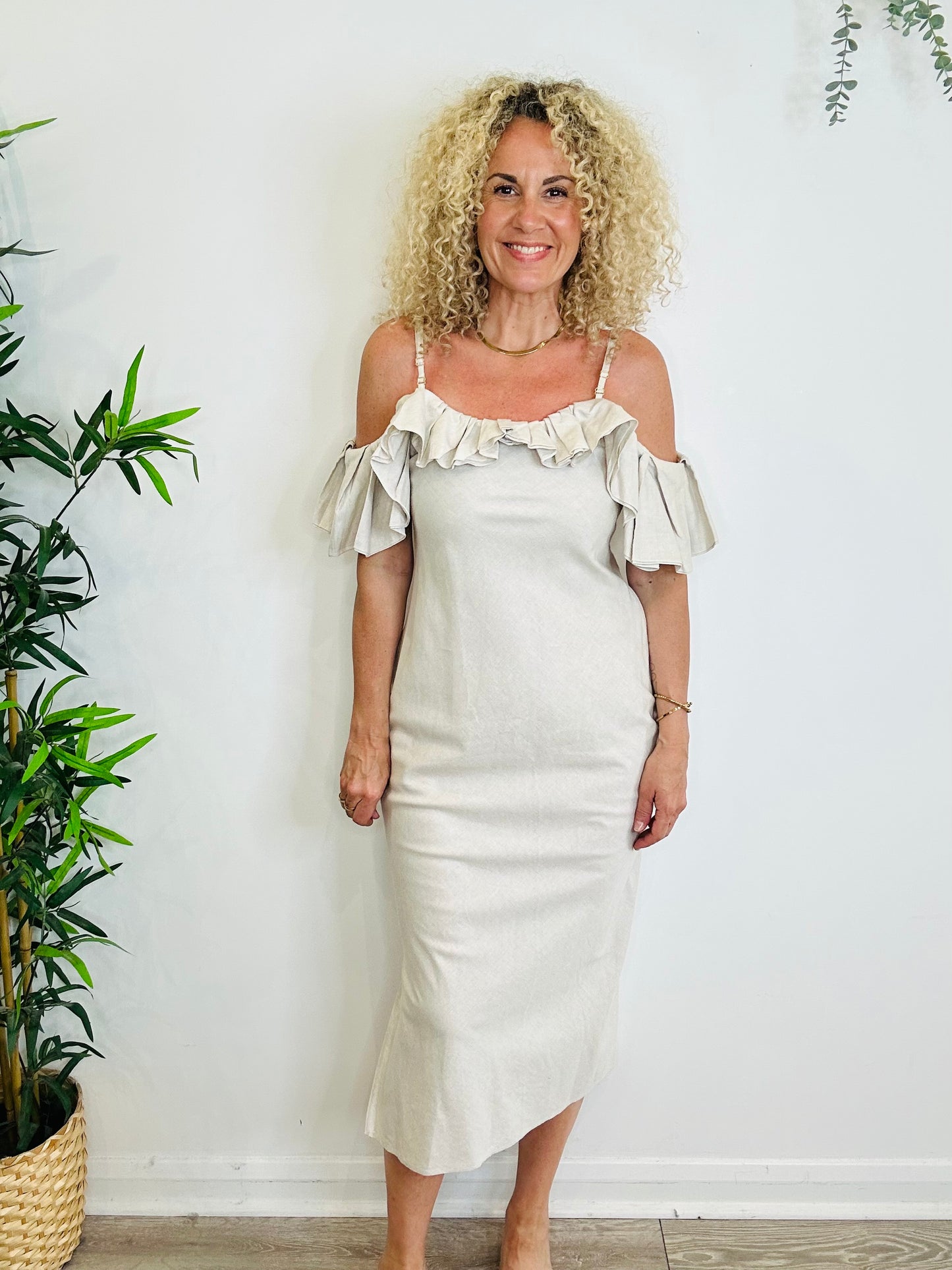 Linen Cold Shoulder Dress - Size 42