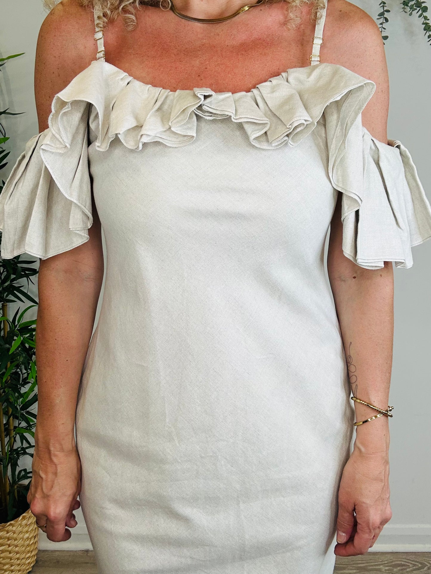 Linen Cold Shoulder Dress - Size 42