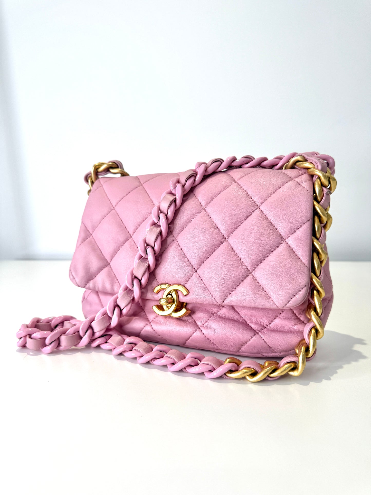 Quilted Leather Lacquered Chain Flap Bag