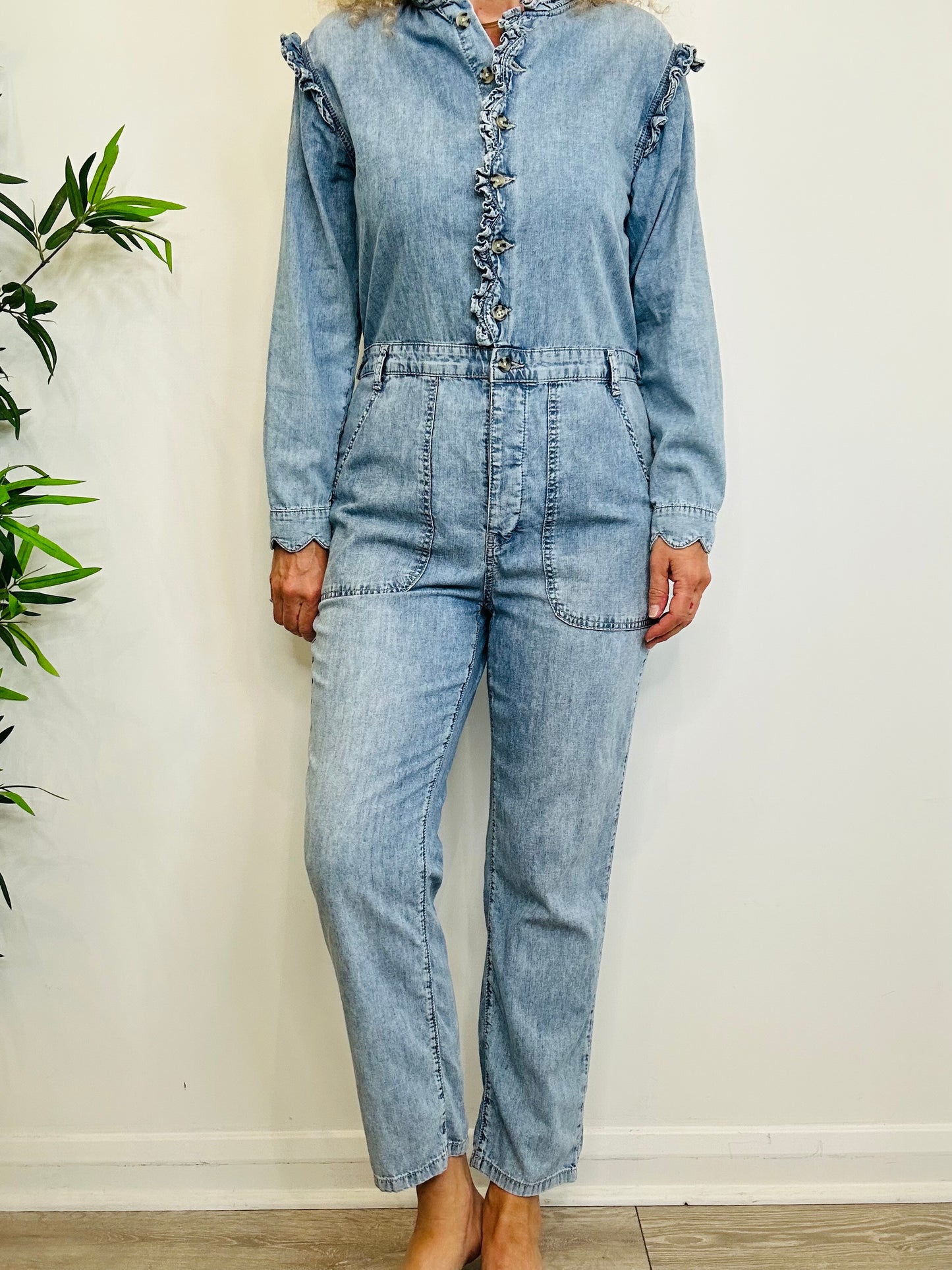 Frill Denim Jumpsuit - Size 12