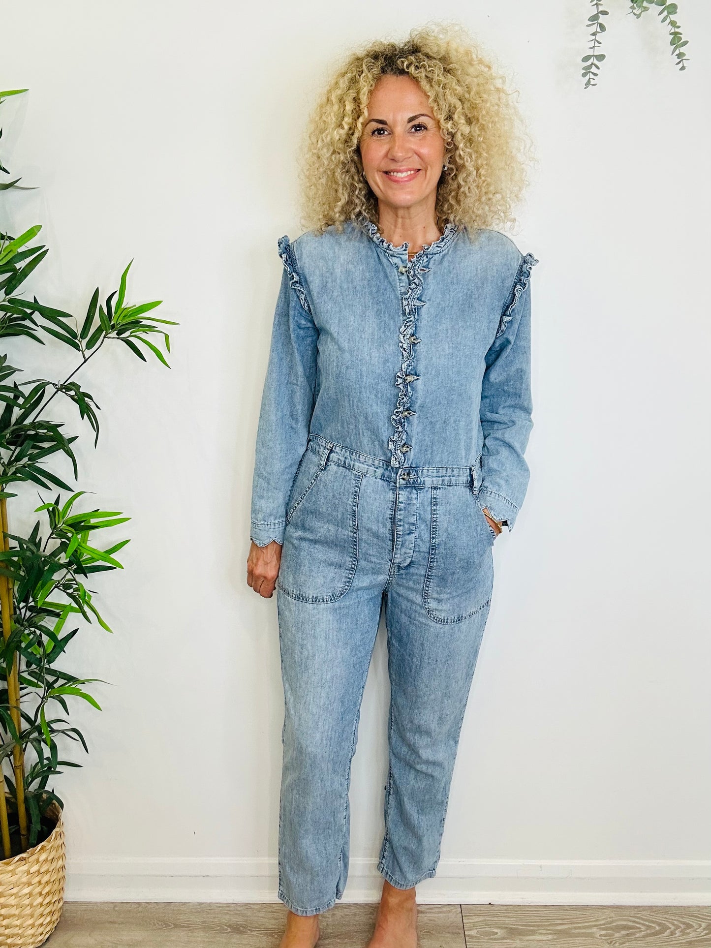 Frill Denim Jumpsuit - Size 12
