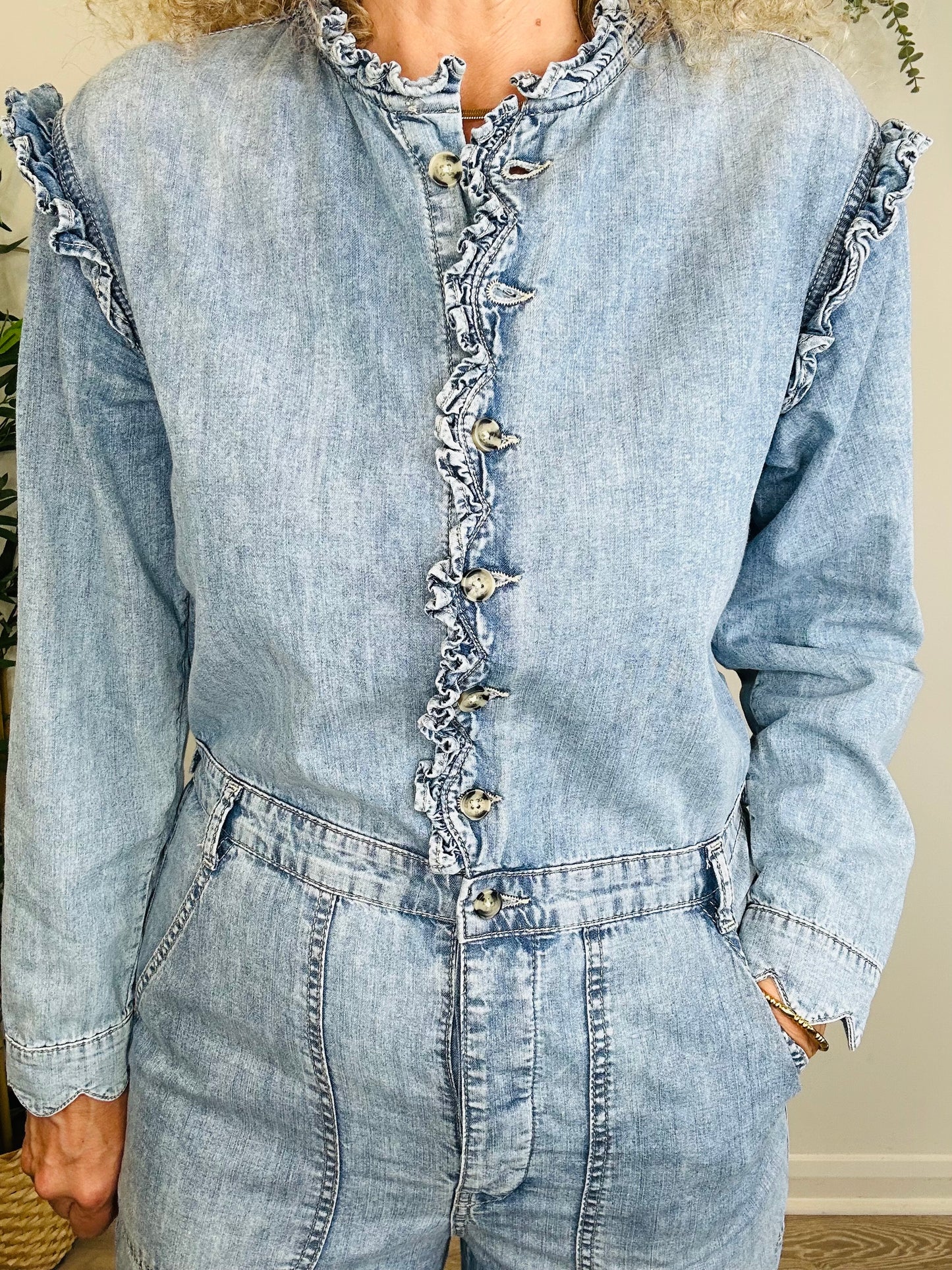 Frill Denim Jumpsuit - Size 12