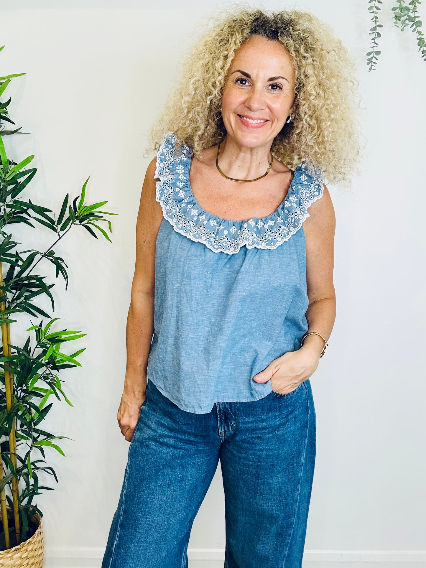 Frill Chambray Top - Size 40