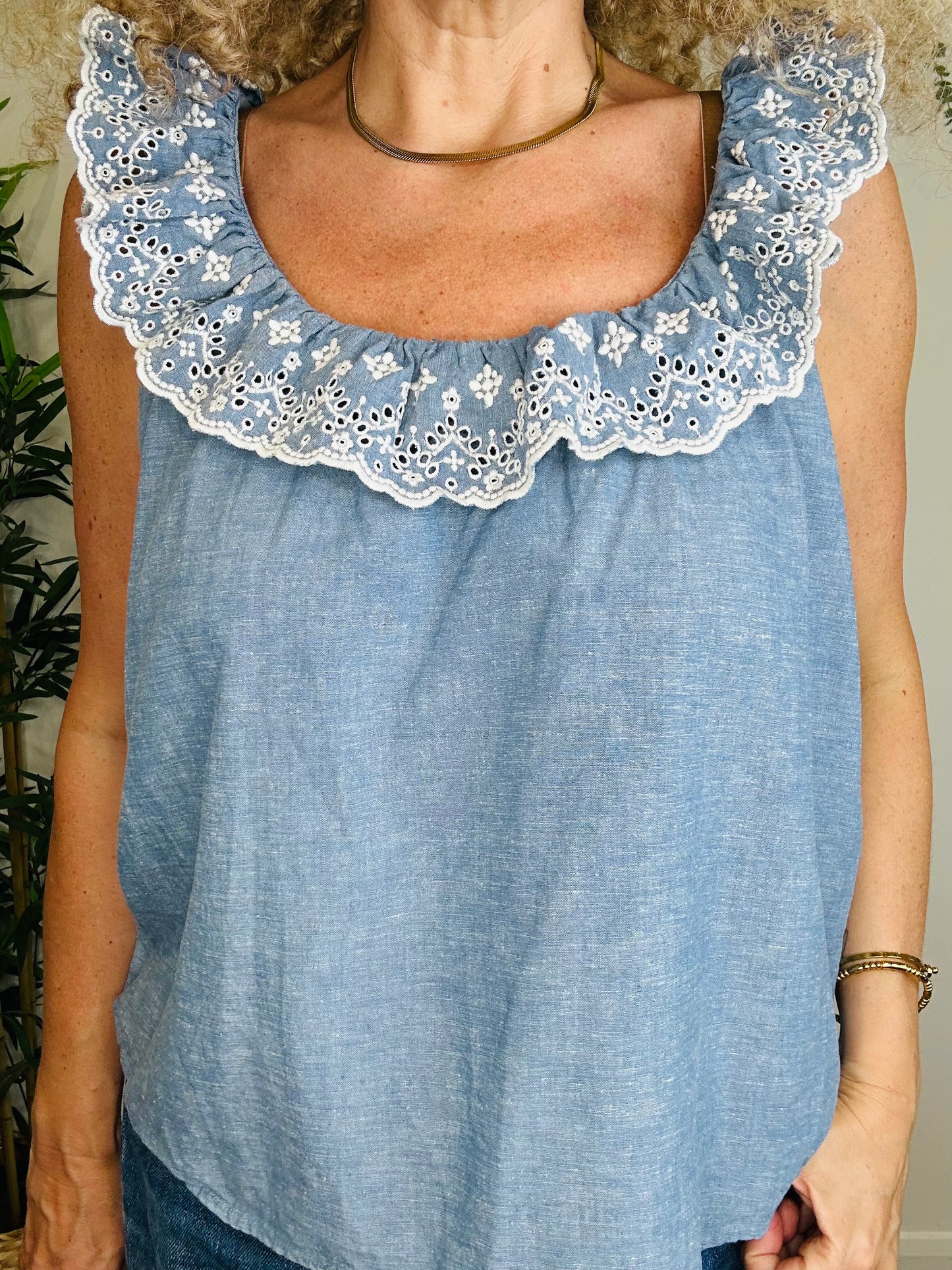 Frill Chambray Top - Size 40