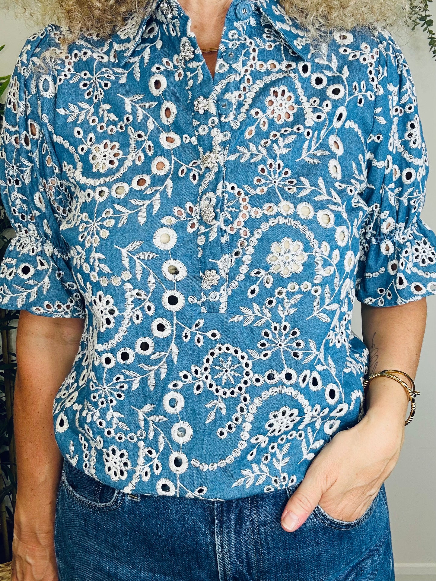Broderie Denim Blouse - Size XS