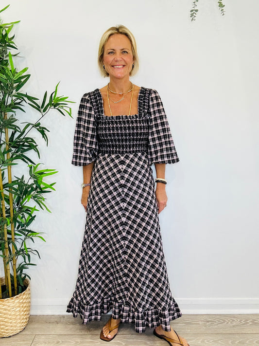 Smocked Check Dress - Size 36