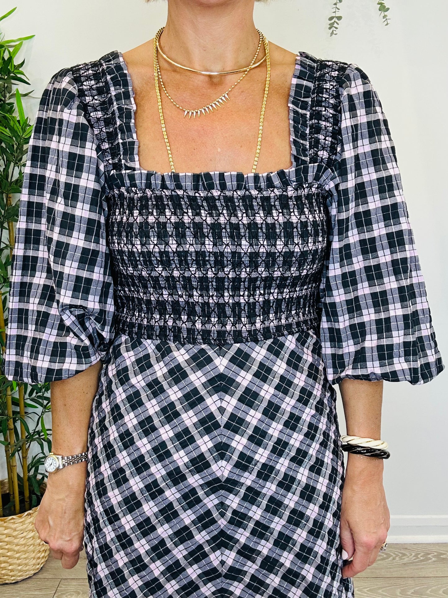 Smocked Check Dress - Size 36