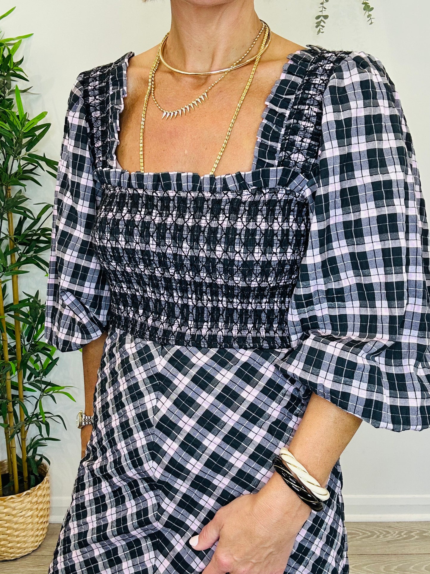 Smocked Check Dress - Size 36