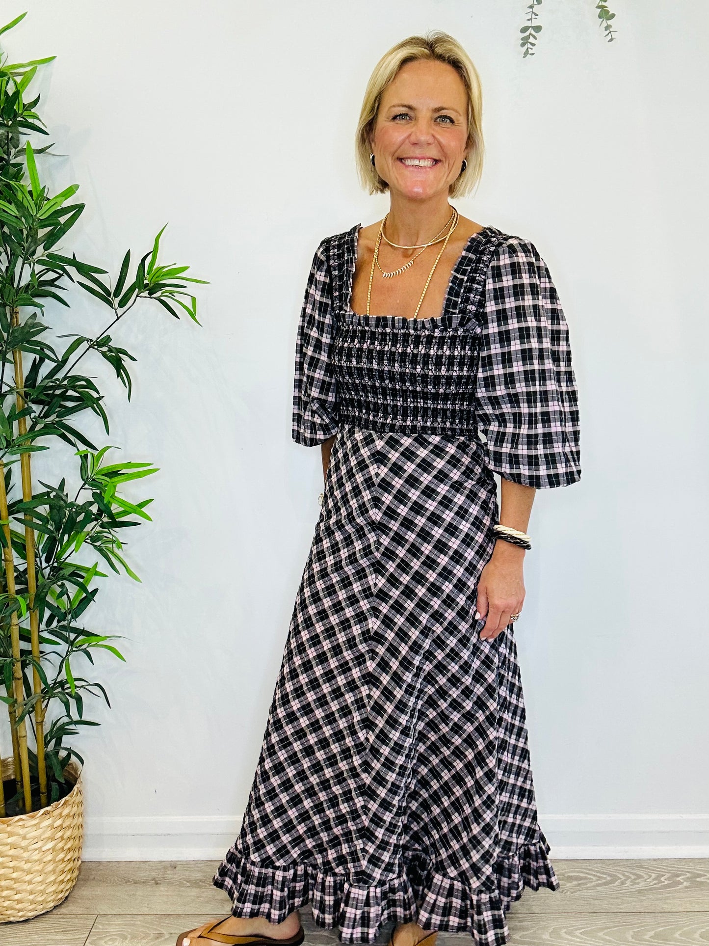 Smocked Check Dress - Size 36