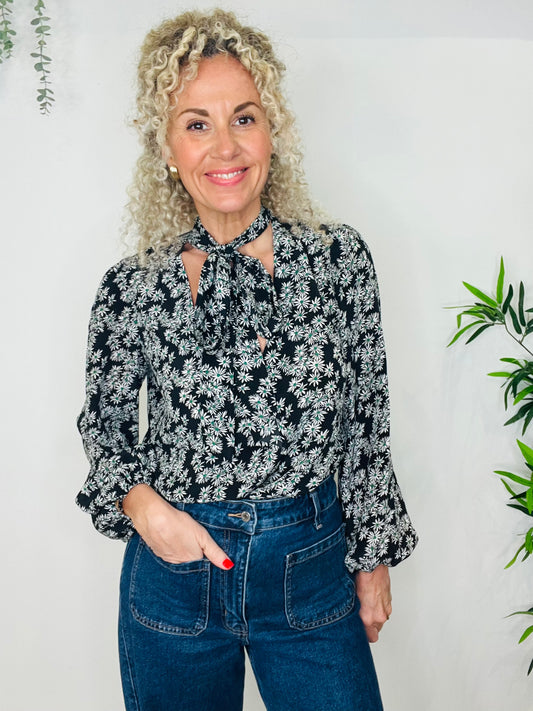 Silk Daisy Print Moss Blouse - Size M