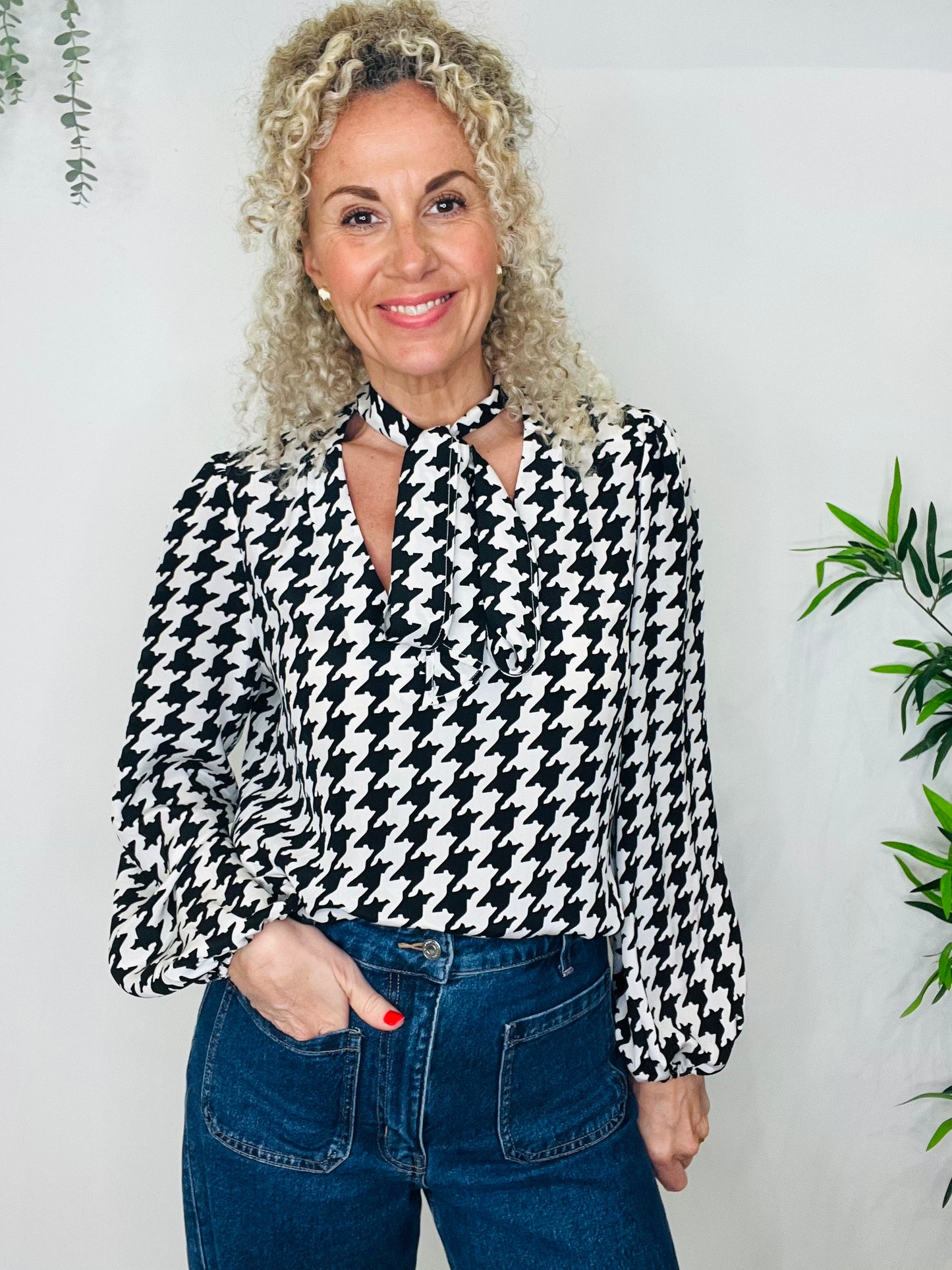 Silk Houndstooth Print Moss Blouse - Size L