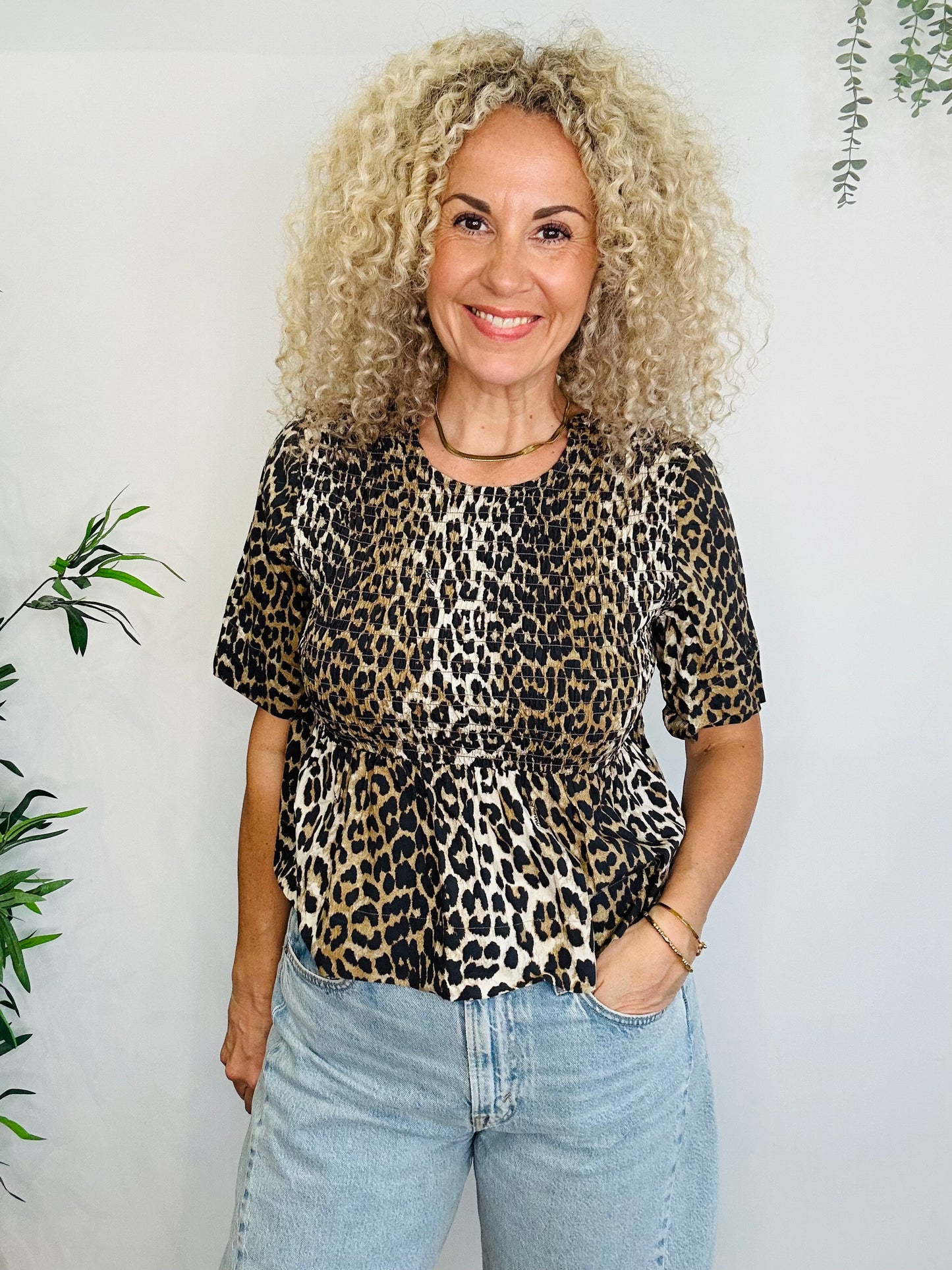 Smocked Leopard Print Top - Size 38