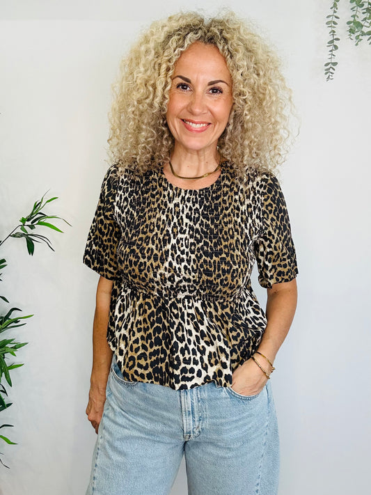 Smocked Leopard Print Top - Size 38