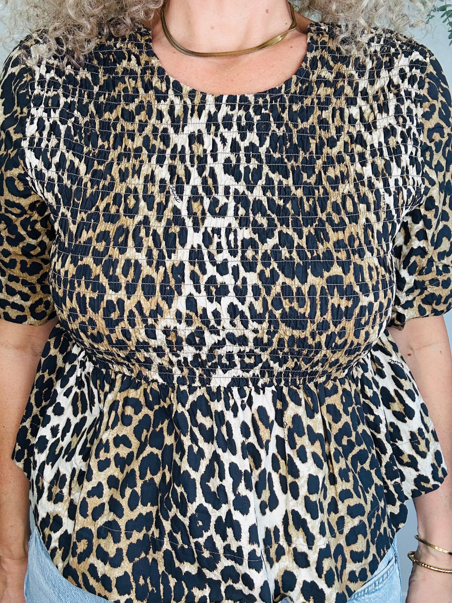Smocked Leopard Print Top - Size 38
