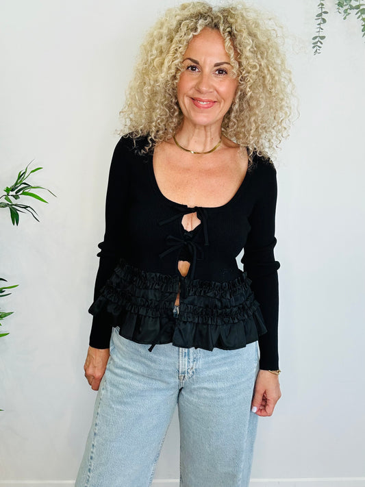 Rib Knit Ruffle Hem Top - Size L
