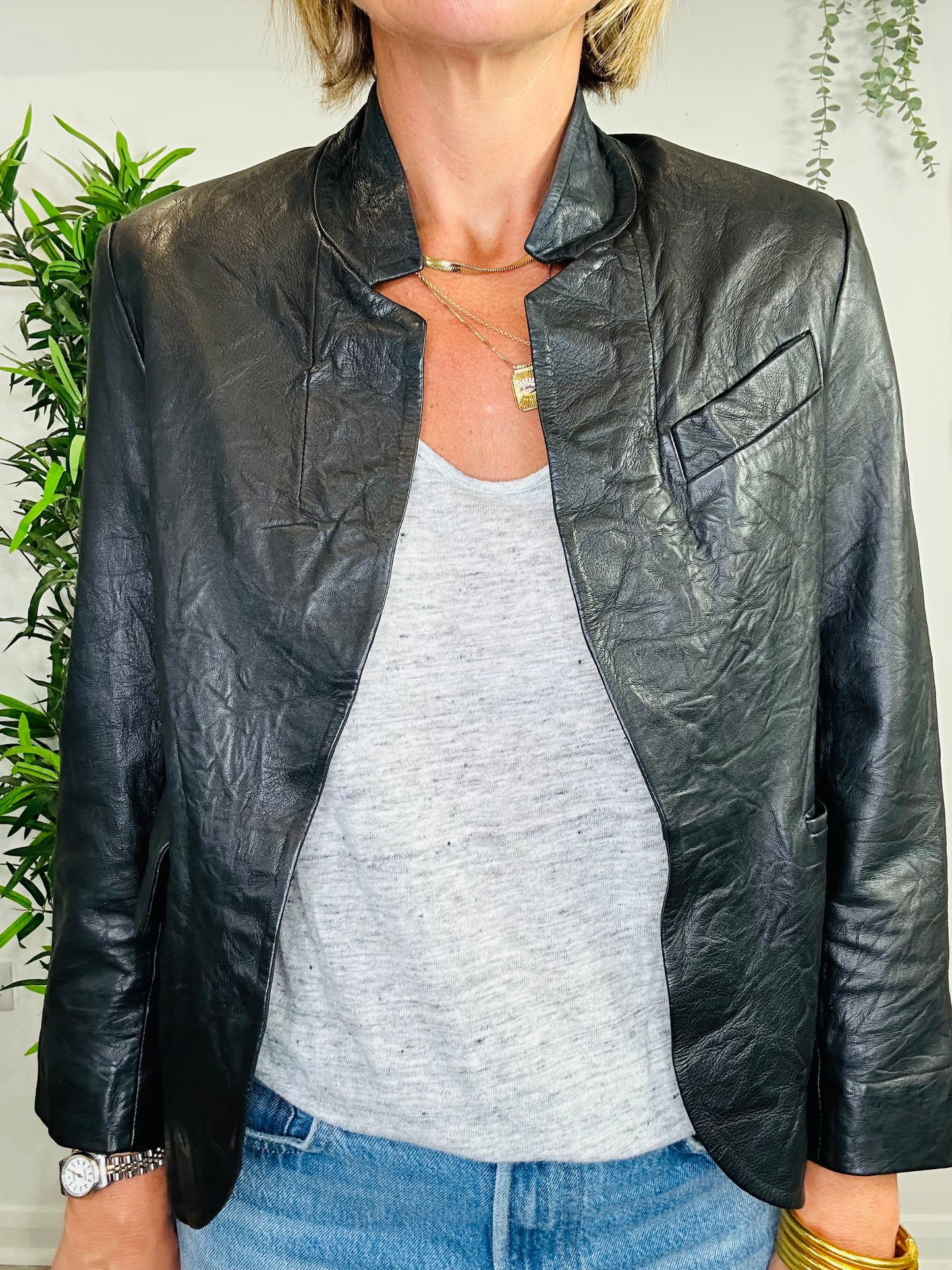 Crinkle Leather Jacket - Size 34
