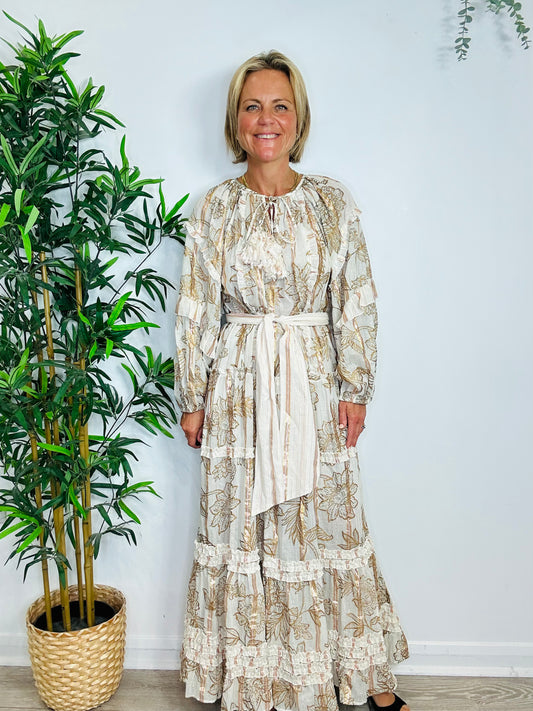 Floral Metallic Striped Dress - O/S