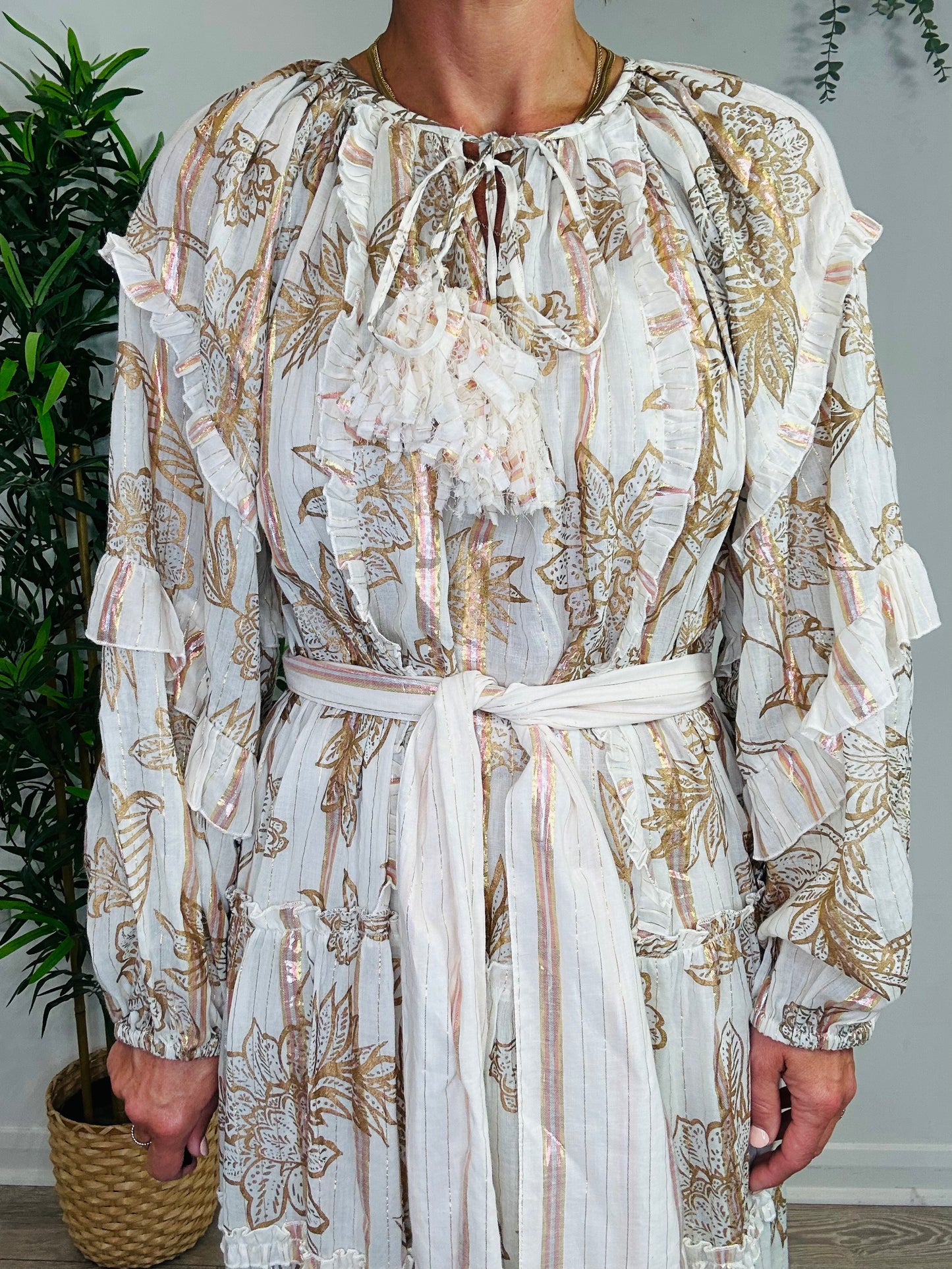 Floral Metallic Striped Dress - O/S