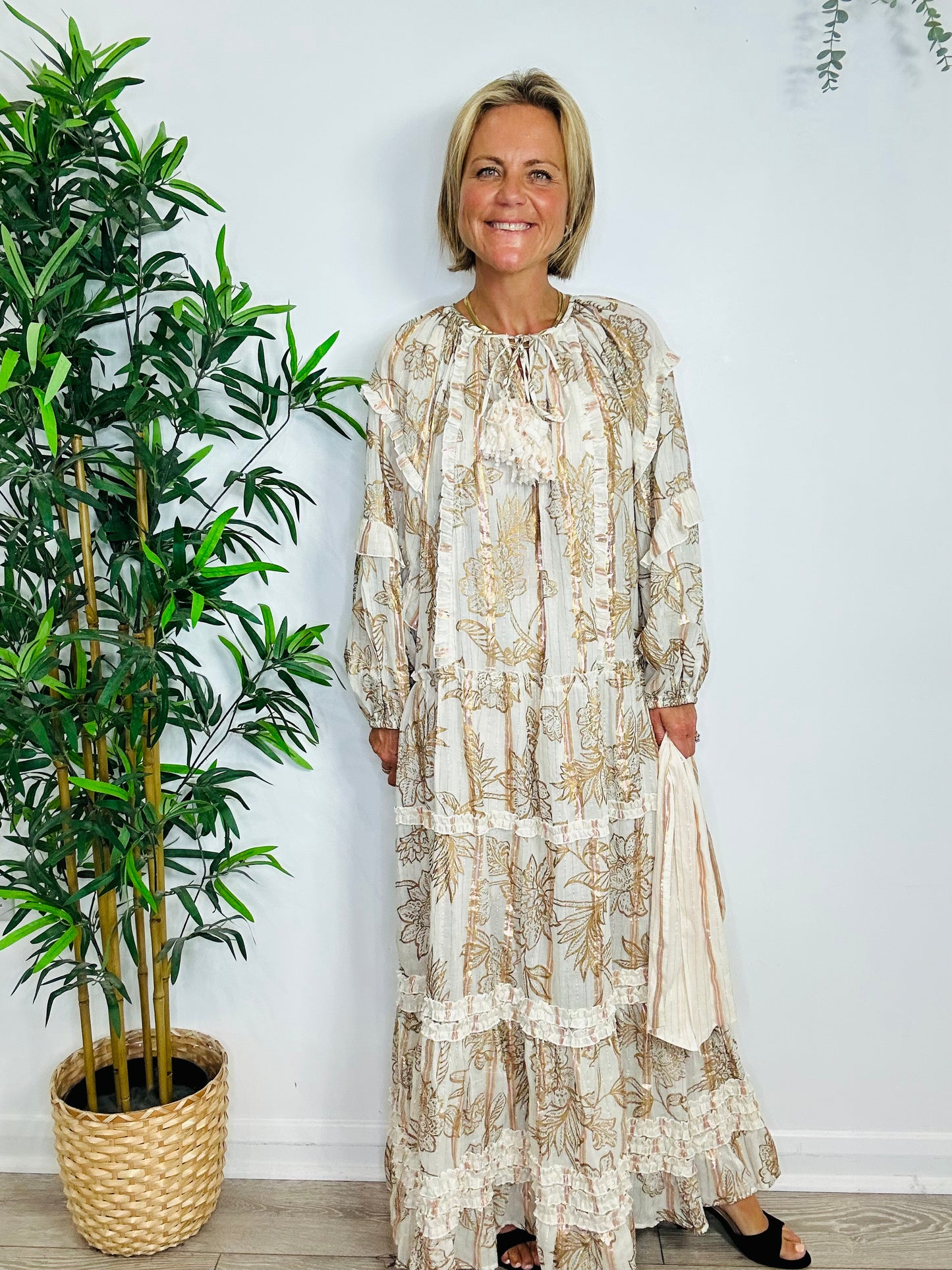 Floral Metallic Striped Dress - O/S