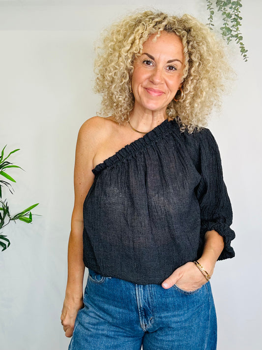 One Shoulder Linen Top - Size L