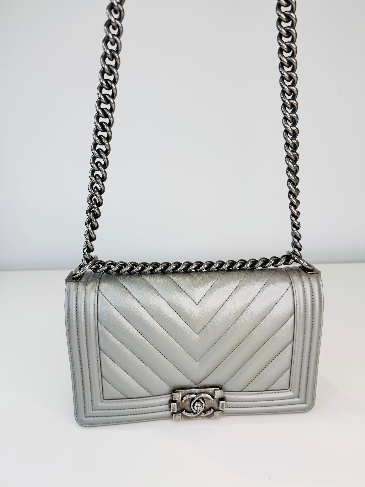 Chevron Leather Medium Boy Bag
