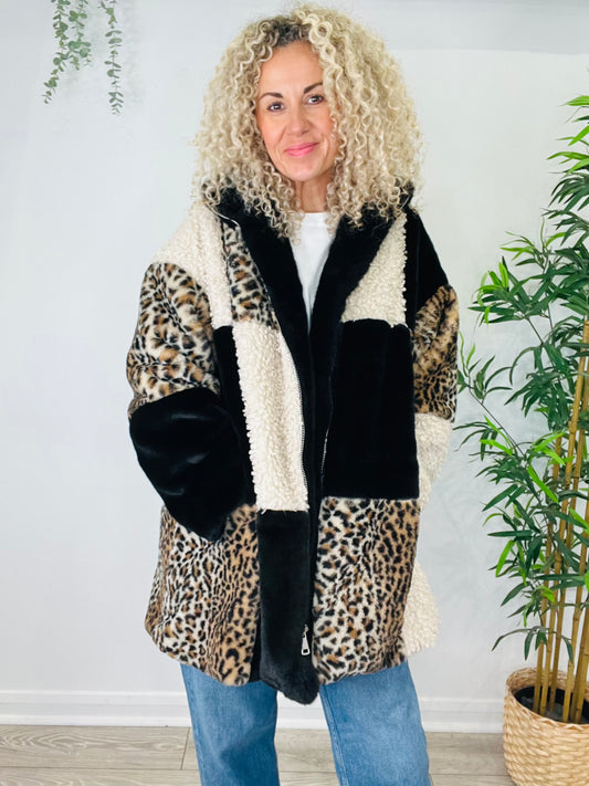 Faux Fur Patchwork Coat - Size M